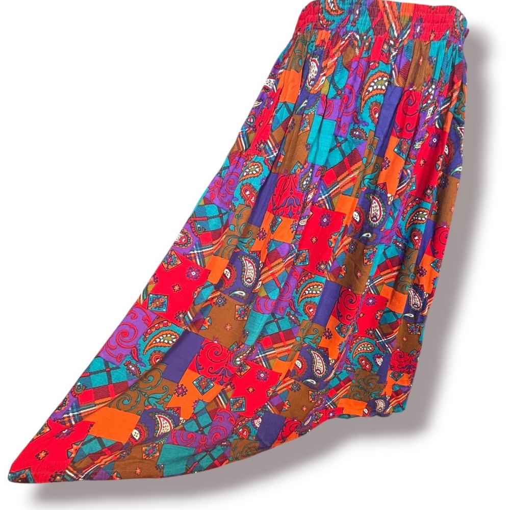Vintage 90s Colorful Paisley Patchwork Maxi Skirt Rayon Boho Festival Eclectic
